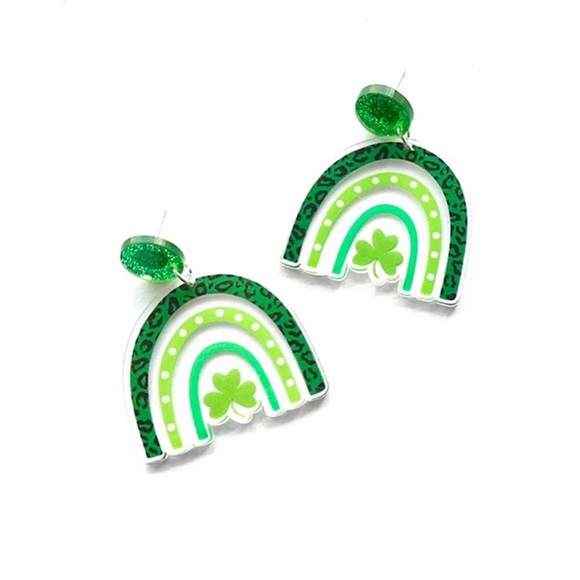 St. Patrick’s Day Green Pattern Rainbow Clover Drop Earrings - Teacher Earrings - Picture 2 of 4